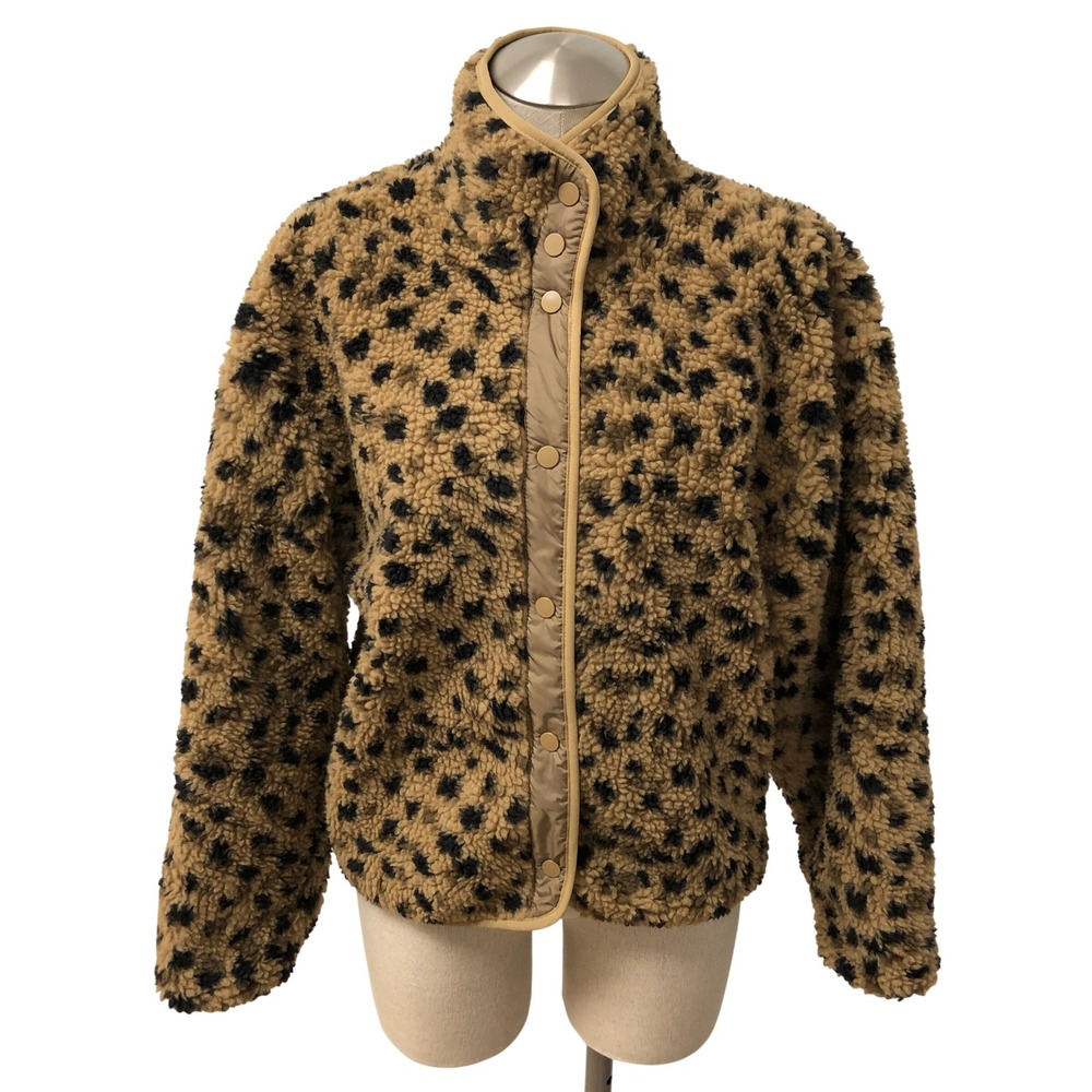 Fabletics Fleece Jacket Womens XS Tan Leopard Print Sherpa Snap Front Pocket